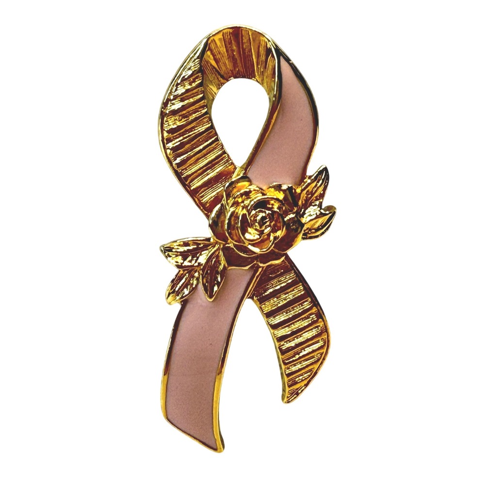 Vintage Avon Pink Ribbon Rose Gold Tone Breast Cancer‎ Awareness Brooch Spring